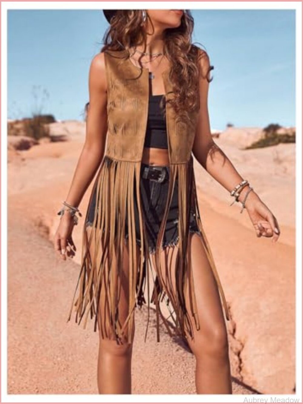 Fringe Vest Sleeveless 70s Hippie Faux Suede Trim Western Cowgirl Tassel - Picture 3 of 6